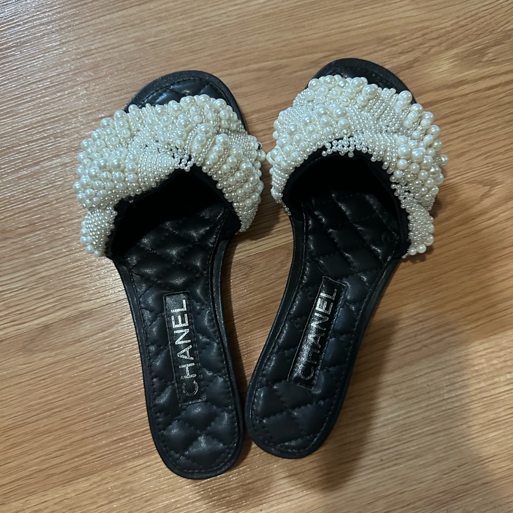 Chanel Black Slides with White Pearl Accents